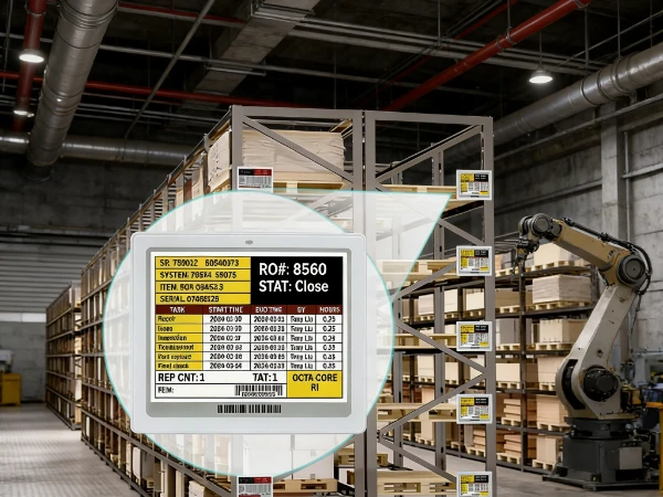 E-ink price tags used as warehouse bin labels showing SKU and location codes on metal shelving E-ink price tags used as warehouse bin labels showing SKU and location codes on metal shelving