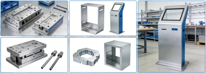 OEM kiosk manufacturing services showing custom sheet metal tooling and enclosure engineering OEM kiosk manufacturing services showing custom sheet metal tooling and enclosure engineering